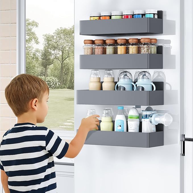 Magnetic Spice Rack for Refrigerator, Kitchen Organizer and Storage Shelf, Grey (4 Pack)…-Ruum Studio Home