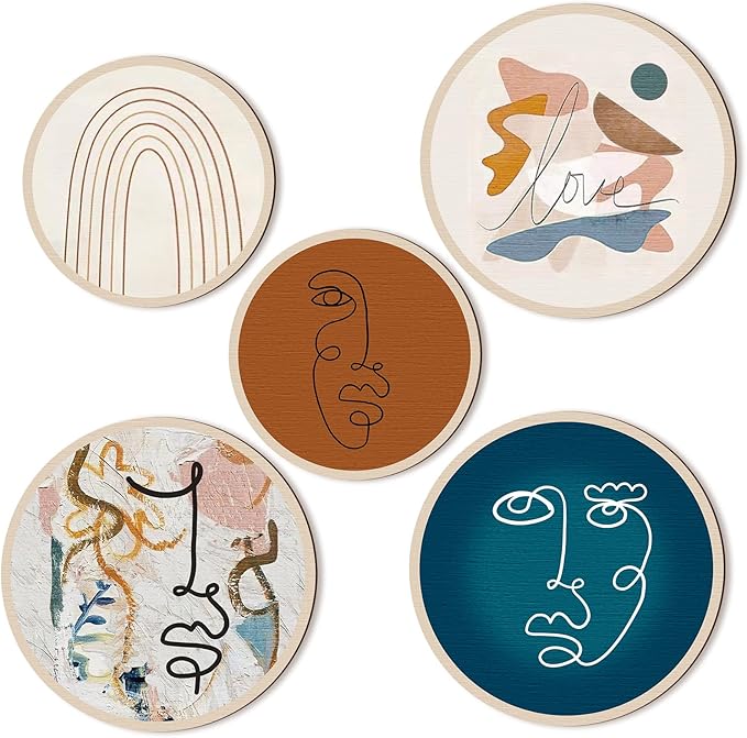 Qunclay 5 Pcs Wall Art Decor Wooden Living Room Wall Decor Bohemian Hanging Farmhouse Geometric 10'' and 8'' Aesthetic Wood Minimalist Posters for Bedroom(Abstract)-Ruum Studio Home