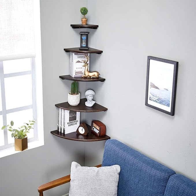 Corner Shelves, Floating Corner Shelf, Set of 2 12inch Solid Oak Wood Corner Wall Shelves, Round End with Wire Hole for Small Plant for Bedroom Kitchen, Living Room-Ruum Studio Home