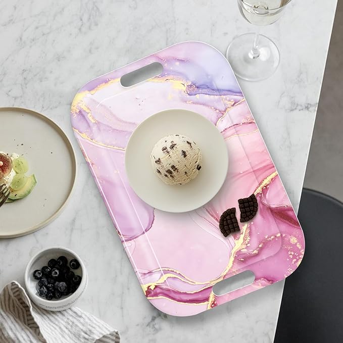 Serving Trays with Handles, 14.5 x 9.8 inch Rectangular Plastic Tray for Restaurant, Kitchen, Painting of Pink and Gold Marble-Ruum Studio Home