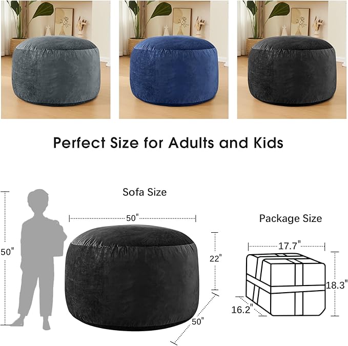 Bean Bag Chairs for Adults - Memory Foam Furniture BeanBag Chair - Kids/Teens Sofa with Soft Micro Fiber Cover - Round Fluffy Couch for Living Room Bedroom College Dorm - 5 ft, Carbon Black-Ruum Studio Home