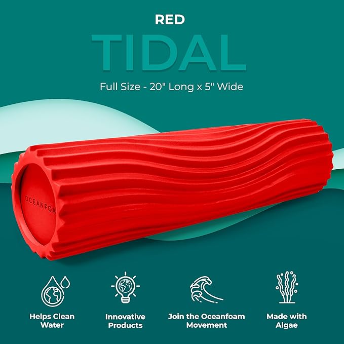 Oceanfoam Tidal Roller - Red - Muscle Massage Foam Roller for Back Pain & Stretching - Firm and Ergonomic Wide Wave Textured - Yoga, Athletics, & Wellness - Full Size, 20" x 5"-Ruum Studio Home