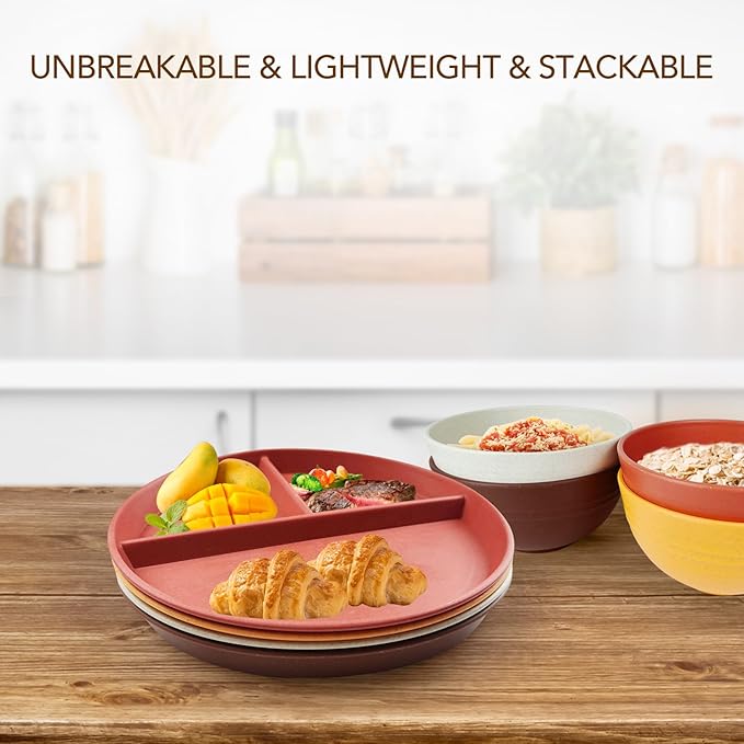 greenandlife 9 Inch 4PCS Unbreakable Portion Control Plates, Divided Plates for Kids Adults, Dishwasher & Microwave Safe Compartment Plate, Lightweight Reusable Wheat Straw Plate, BPA Free-Ruum Studio Home