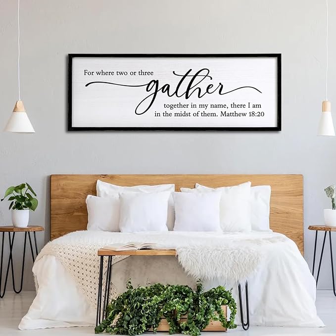 For Where Two Or Three Gather Sign Dining Room kitchen Wall Decor Bible Verse Scripture Matthew 18:20 Wooden Frame 32X12 Inch for Christian Family Hanging Art (Black)-Ruum Studio Home