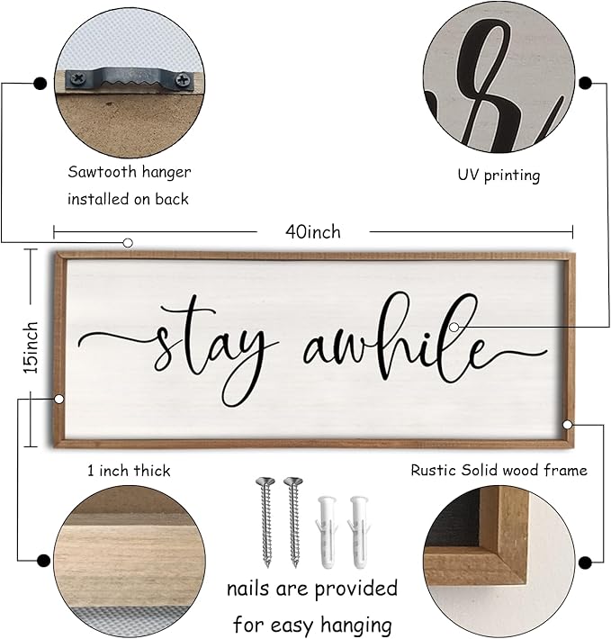 Stay Awhile Sign Wall Decor 40"X15" Large Solid Wood Frame For Hallway Living Room Entryway Farmhouse Wall Art Lets Stay Family Home Rustic Hanging Decoration (Wood)-Ruum Studio Home
