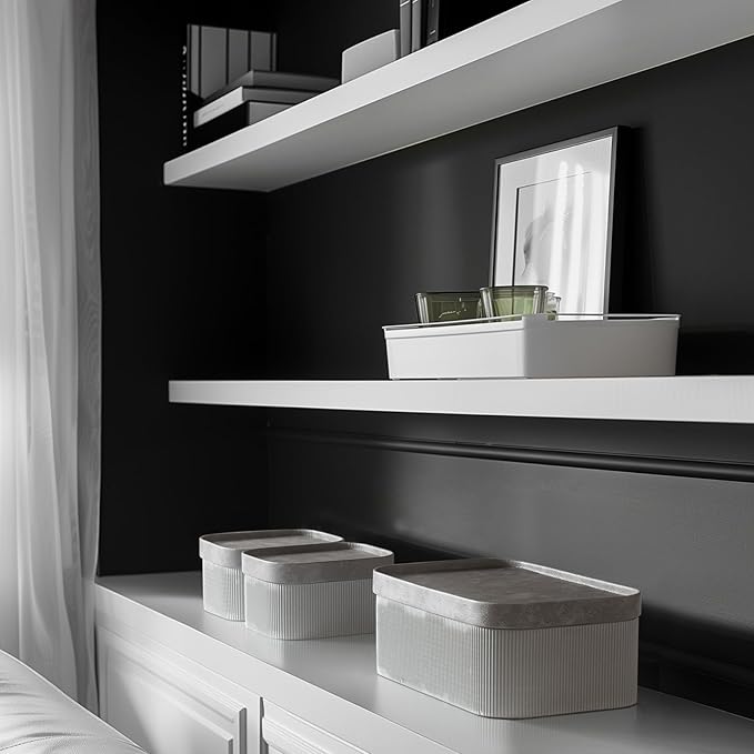 La Jolie Maison Fluted Cardboard Storage Baskets with Vegan Leather Lids, Sturdy Stackable Paper Boxes Decorative Tray, Modern Basket Organizer Bins Bathroom Bedroom Organizing, Storm Grey, Set of 3-Ruum Studio Home