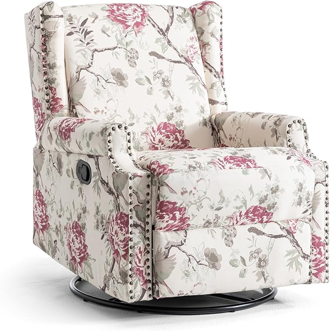 UIXE Swivel Rocker Manual Recliner Chair, Wingback Swivel Glider Fabric Nursery Reclining Sofa Chair, High Back Upholstered Arm Chair for Living Room Bedroom - Beige Floral-Ruum Studio Home