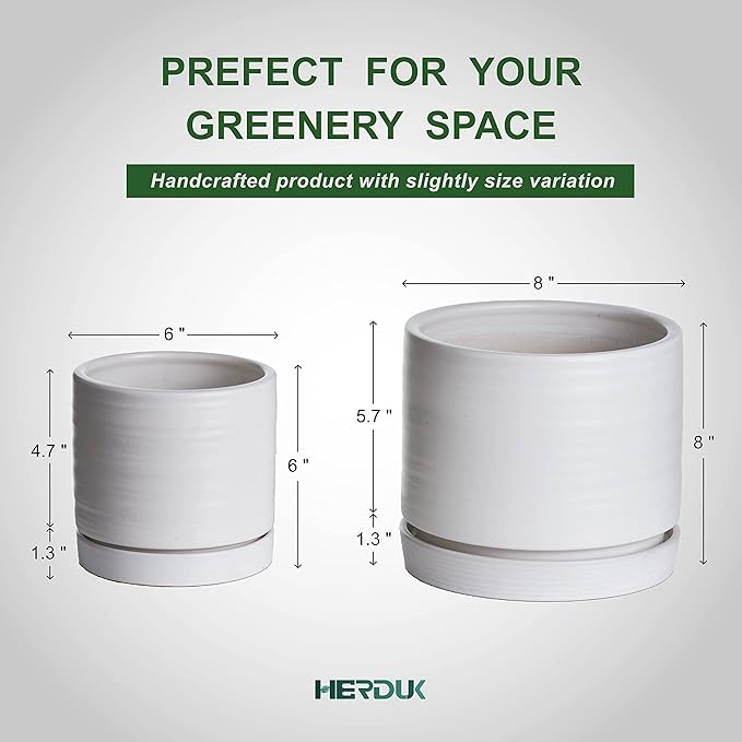 6 + 8 Inch Plant Pots, Ceramic Planter Pot with Drainage Hole & Saucer, Indoor/Outdoor Cylinder Round Planter Pot, Matte White-Ruum Studio Home