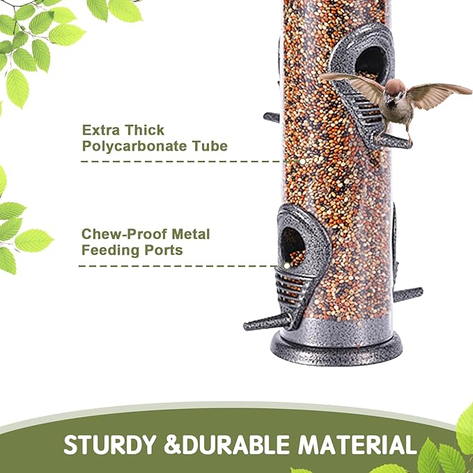 MIXXIDEA 2PK Metal Wild Bird Feeder Squirrel Proof Bird Feeders for Outside Hanging 6 Port Tube Bird Feeder Transparent Finch Feeder with Steel Hanger (Grey)-Ruum Studio Home