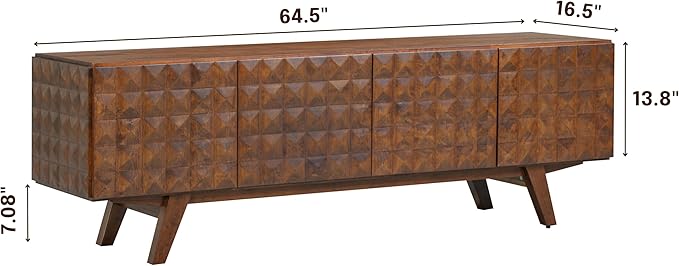 NTC Sapa Mid-Century Modern Solid Wood TV Stand 4-Door Media Console with Carved Geometric Fronts for TVs up to 75", Effortless Assembly, Dark Walnut-Ruum Studio Home