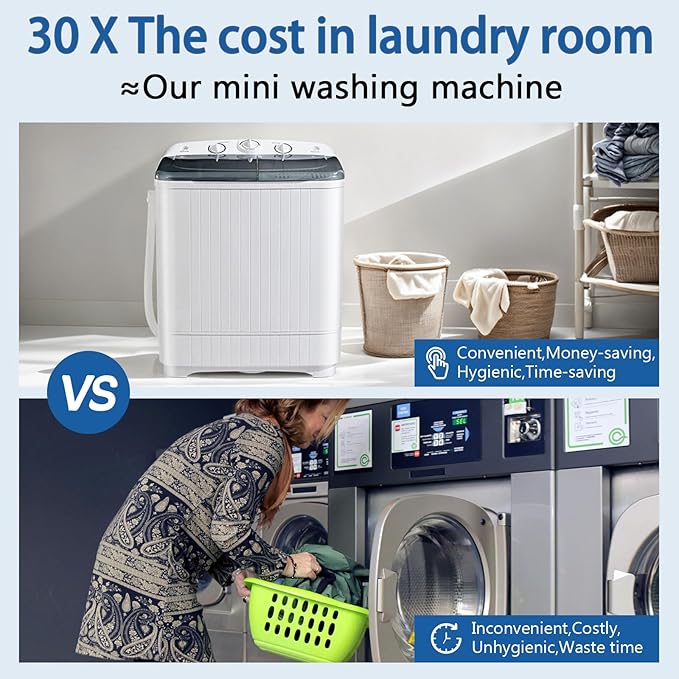 Portable Mini Twin Tub 22lbs Washing Machine With Drying Rack& 10 Hangers, 13lbs Washer & 9lbs Spinner, Small Laundry Washer with Time Control for Camping, Apartments, RV (22lbs)-Ruum Studio Home