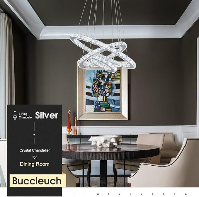 Buccleuch Modern Crystal Chandelier, Dimmable LED Pendant Light Fixture 3-Ring Adjustable Stainless Steel Ceiling Light, Silver Crystal Chandeliers for Dining Room, Bedroom, Living Room - ETL Listed-Ruum Studio Home