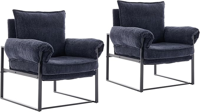 YISHENG Accent Chair with 6-Angle Adjustable Backrest, Chenille Fabric Living Room Chair Upholstered Lounge Chair, Modern Chair Cozy Reclining Chair for Reading Room, Set of 2 Dark Blue-Ruum Studio Home