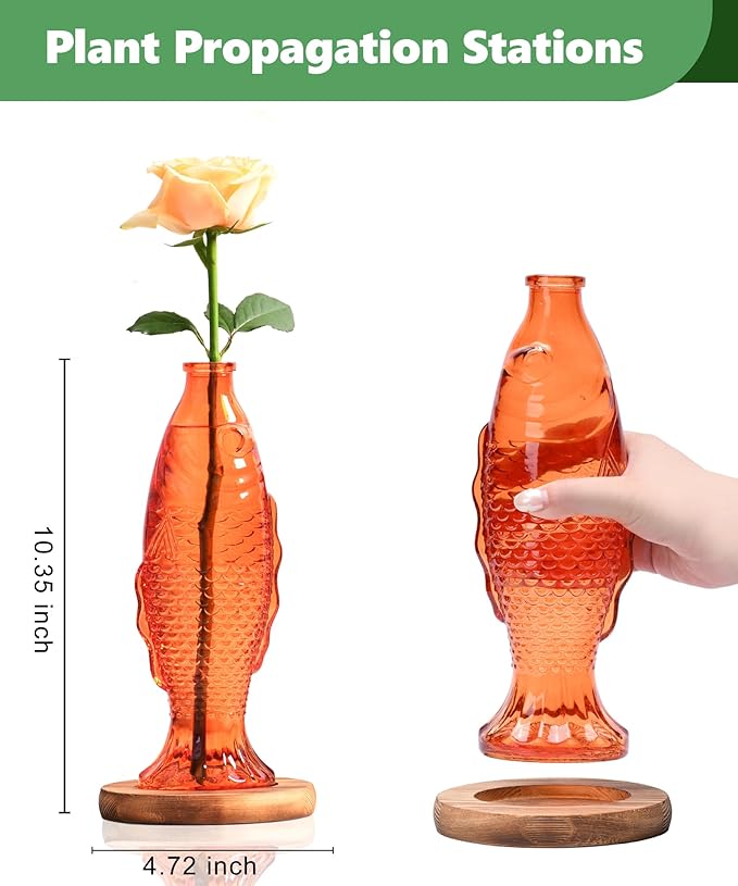 Nacome Fish Vase Glass Plant Terrarium with Wooden Stand,Planter Propagation Station for Home Office Hydroponics Desk Decoration,Unique Gardening Gifts for Plant Lovers Women Mom(Orange)-Ruum Studio Home