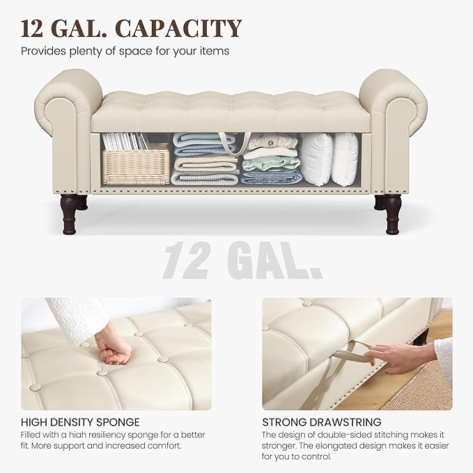 51" Storage Ottoman Bench for Bedroom, Full Queen Storage Bench with Button, Upholstered Bedroom Bench with Rolled Arms for Living Room, Storage Room, Entryway, Beige+Brown Legs-Ruum Studio Home