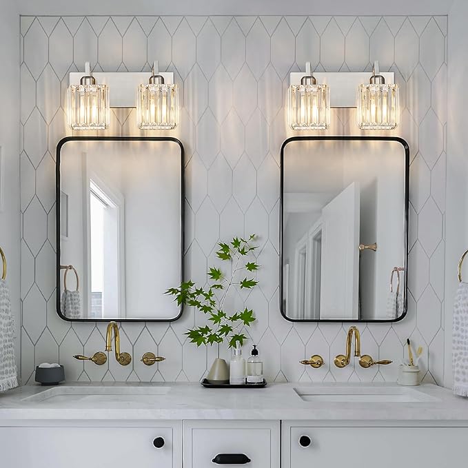 Modern Bathroom Vanity Light 2-Lights Brushed Nickel Vanity Light Crystal Wall Light Bathroom Light Fixtures-Ruum Studio Home
