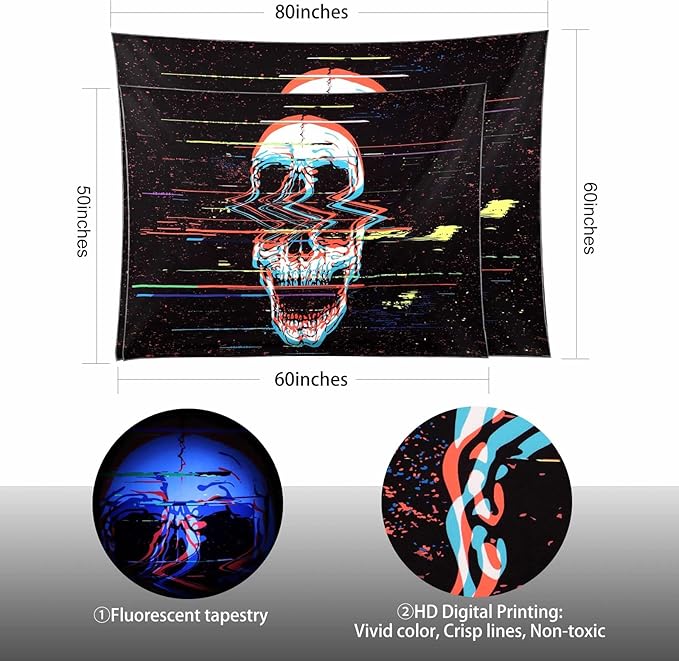 ADDWel Blacklight Skull Tapestry, Black Psychedelic Tapestry Glow In The Dark, UV Reactive Black Light Tapestries Posters Wall Hanging for Room Decor(50 * 60inches)-Ruum Studio Home