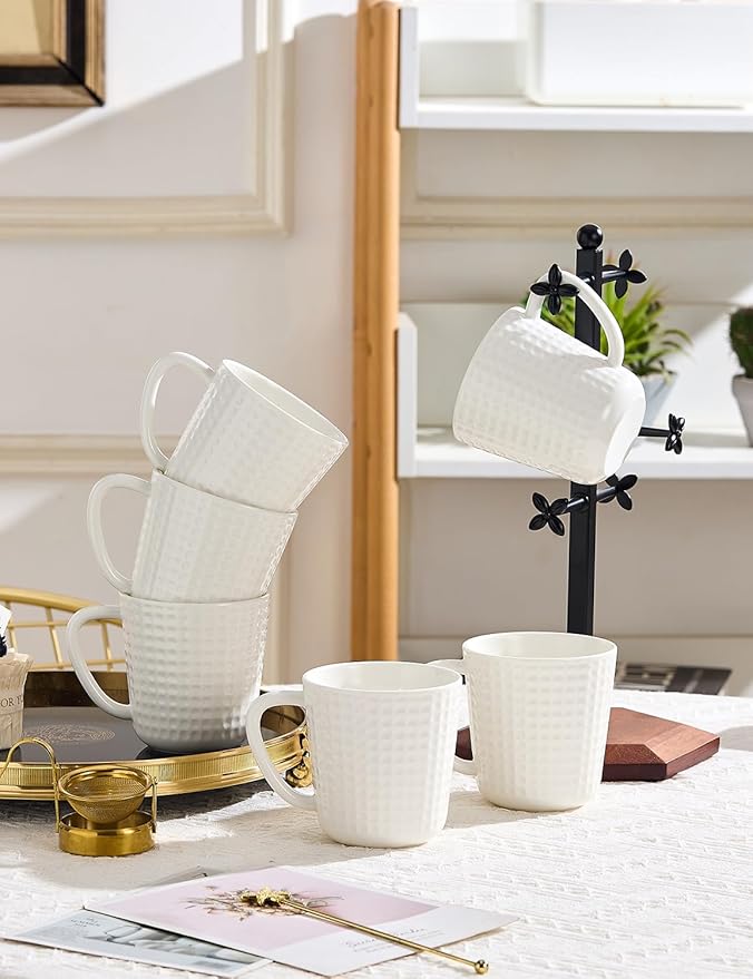 Ceramic Coffee Mugs 15 oz, Large Waffle Embossed Mug Set, Coffee Cups for Latte, Cappuccino, Cocoa, Hot Tea, Mocha, Milk, Housewarming Wedding Present, Microwave & Dishwasher Safe - Set of 6 (White)-Ruum Studio Home