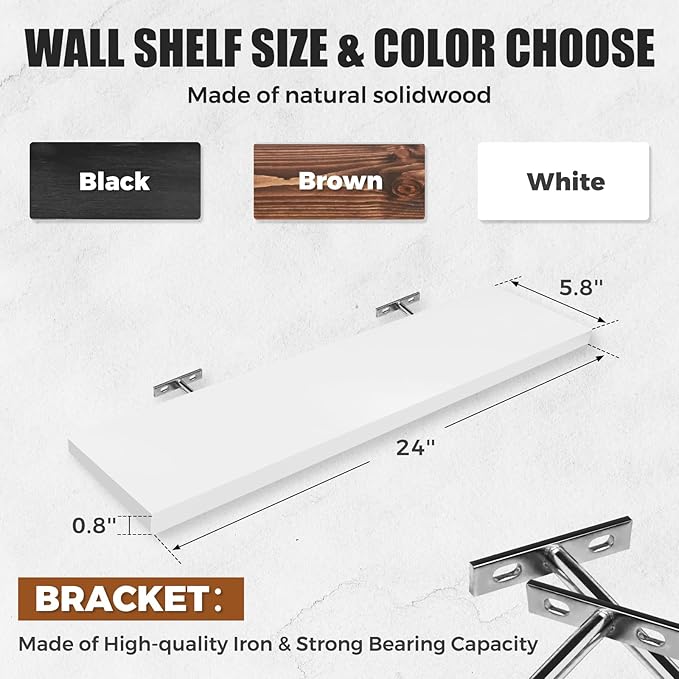 Floating Wall Shelves 2-Pack - 24-Inch Rustic White Wooden Shelves for Storage and Décor, Easy Installation for Living Room, Bedroom, and Kitchen-Ruum Studio Home