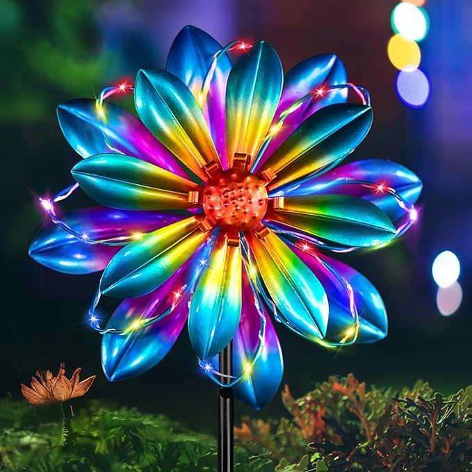 Flower Solar Wind Spinners- Metal Colorful Spinning Windmill Garden Ligths with LED Outdoor Decorative Stake Lighting Waterproof Flower Sculpture for Patio Yard-Ruum Studio Home