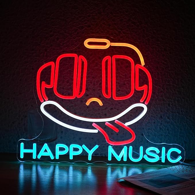 Headphone Neon Sign Dimmable Led Happy Music Neon Light for Wall Decor USB Cute Headset Figure Neon Light Sign for Music Studio Bar Live Music Party Bedroom-Ruum Studio Home