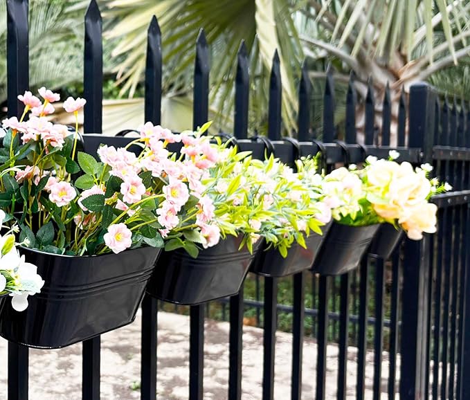 2 Pack Metal Hanging Planter for Outdoor Plants, 10 Inch Black Fence Planters Railing Pots for Garden Patio Balcony Decor, Flower Bucket with Detachable Hooks (Black, 2Pcs)-Ruum Studio Home