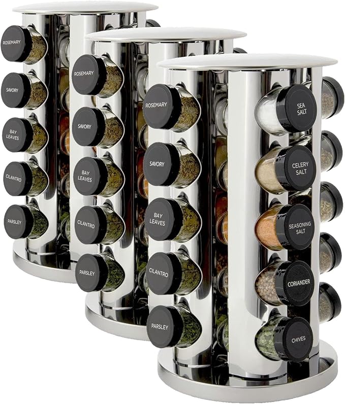 Kamenstein 20 Jar Revolving Countertop Spice Rack with Spices Included, FREE Spice Refills for 5 Years, Polished Stainless Steel with Black Caps, 30020 (Pack of 3)-Ruum Studio Home