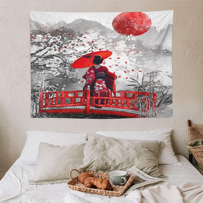Japanese Red Geisha Tapestry Asian Cherry Blossom Red Sun Traditional Kimono Folk Tapestries Home Decor for Living Room Bedroom Apartment Farmhouse Dorm 40"x30"-Ruum Studio Home