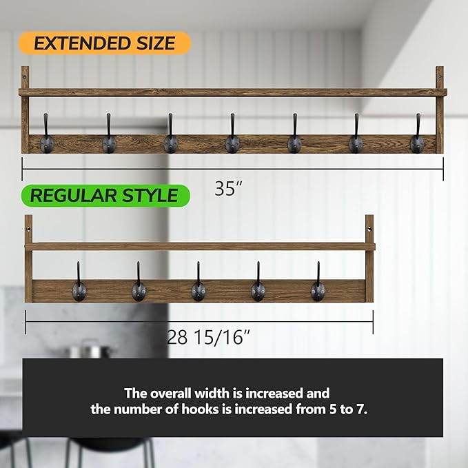 BAMEOS Coat Rack Wall Mount, Large Wooden Coat Hooks with Shelf, 35" L, 7 Dual Metal Hooks for Entryway, Bathroom, Kitchen, Living Room, Bedroom-Ruum Studio Home
