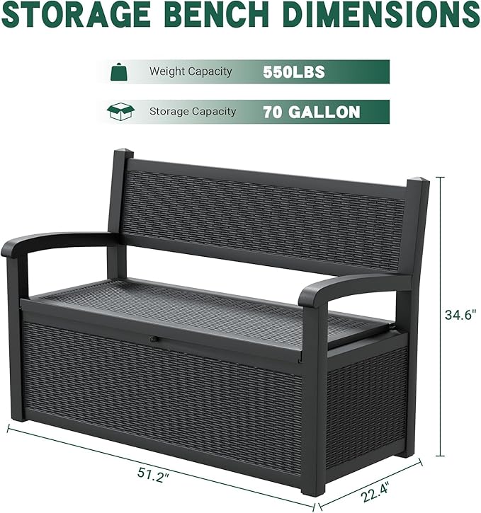 70 Gallon Lockable Outdoor Storage Bench Waterproof, Deck Box Bench for Patio, Porch, Garden, Poolside, Stores Tools & Pool Supplies, Heavy-Duty Outdoor Bench with Storage, Black-Ruum Studio Home