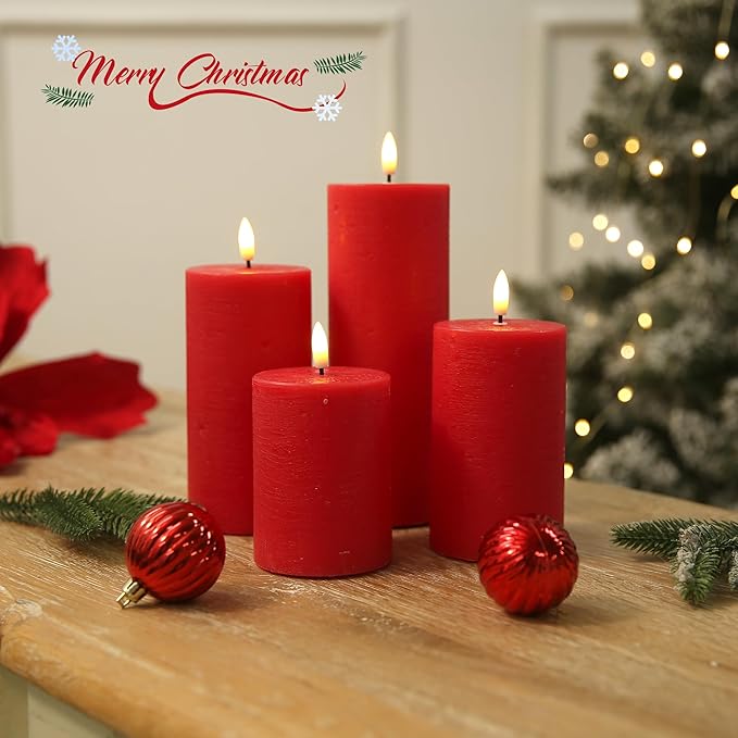 LUSHABOR Flameless Candles, 4 Pack Battery Operated Candles with Remote, Real Wax LED Fake Candles with Timer Flickering for Christmas Wedding Home Party D3 H 5" 6" 7" 9" Red-Ruum Studio Home