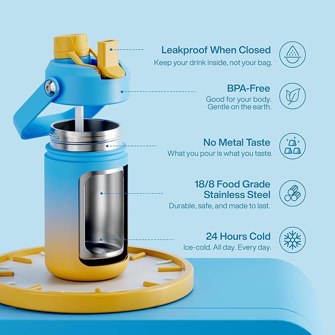 Kids Insualated Water Bottle with Straw - 12oz Stainless Steel Water Bottle with Dual Spouts, Leak-Proof, BPA-Free, Double Wall Vacuum Keeps Cold for 24 Hours for Sports, Travel, School (Sunny Breeze)-Ruum Studio Home