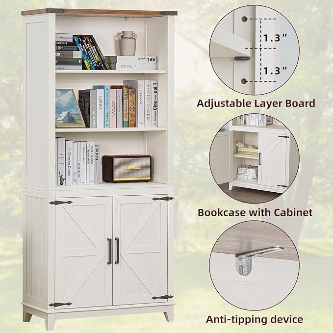 5 Tier Bookshelf 70in Tall Bookcase with Barn Doors and Storage Cabinet, White Farmhouse Book Shelf with Adjustable Shelves, Wood Freestanding Display Bookshelves for Bedroom, Kitchen (2PCS)-Ruum Studio Home