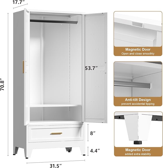71'' Farmhouse Metal Wardrobe Cabinet with Hanging Rod, 2 Barn Door Wardrobe Closet with Adjustable Shelves,Drawer,for Dining Room,Bedroom,Living Room, Cloak Room,Office (White)-Ruum Studio Home