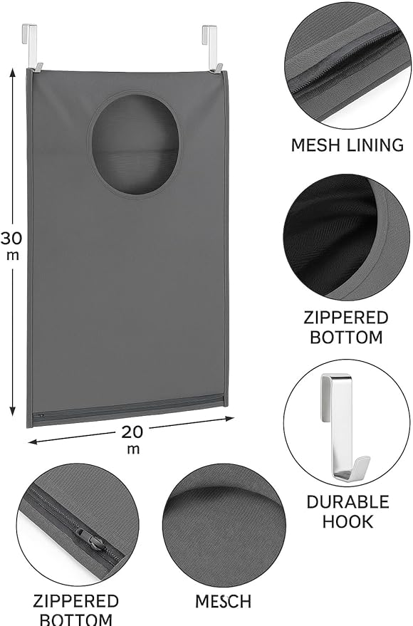 Hanging Laundry Hamper Bag – Space-Saving Dirty Clothes Storage with Free Adjustable Stainless Steel Over-the-Door Hooks & 2 Suction Cup Hooks – Ideal for bathrooms, bedrooms & dorms-Ruum Studio Home
