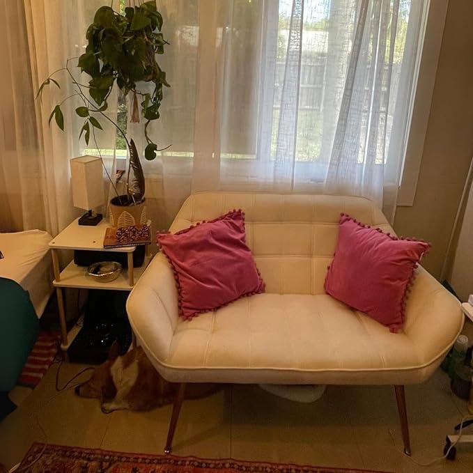 48”Small Loveseat Sofa, Modern Velvet Upholstered Mini Couch 2-Seater Fluffy Love Seat with Quilting Backs and Metal Legs for Small Space Living Room, Bedroom, Beige-Ruum Studio Home