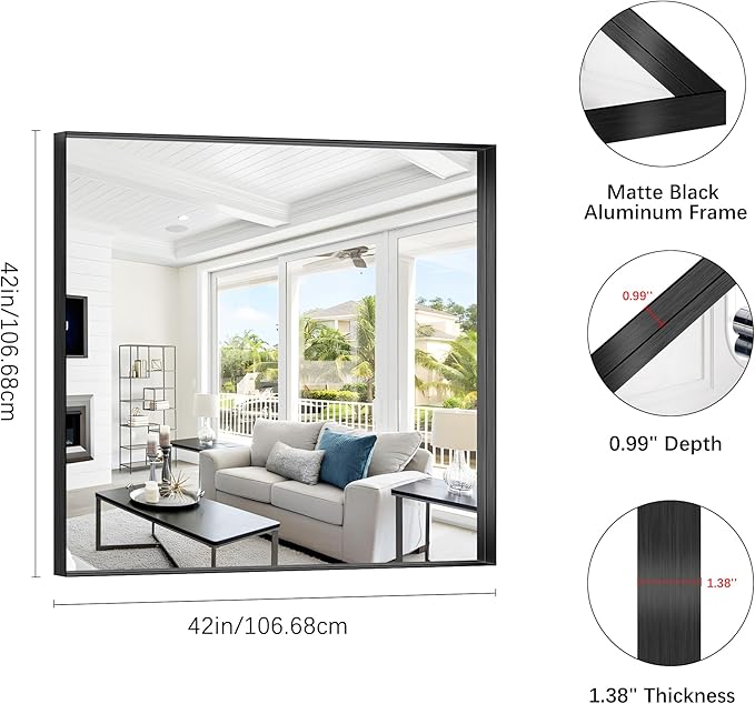 Black Bathroom Mirror, 42x42 Inch Rectangular Framed Mirror, Large Wall Mounted Bathroom Vanity Mirror Over Sink for Bedroom,Restroom, Living Room, Hangs Vertically or Horizontally-Ruum Studio Home