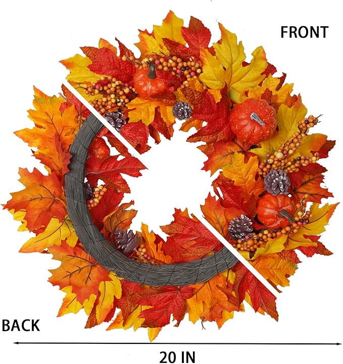 DiliComing Fall Wreath Front Door Wreath - 20 inch Fall Wreaths for Front Door, Autumn Wreaths with Pumpkin Maple Leavses for Indoor Outdoor Outside, Home Decor for Thanksgiving Harvest-Ruum Studio Home