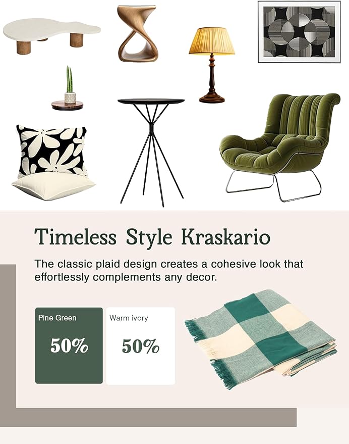 ZonLi Green Checkered Throw Blanket, 50" x 60" Christmas Decorative Blankets, Decorative Vintage Throws with Tassel for Couch, Bed, Sofa, Chair, Outdoor, Cozy Warm Lightweight Farmhouse Blankets-Ruum Studio Home