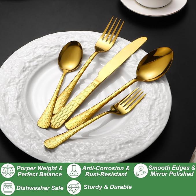 20 Pcs Gold Silverware Set for 4 with Water Cube Handle design, Food Grade Stainless Steel Flatware Set, Eating Utensils Sets Include Fork/Knife/Spoon, Reusable Cutlery Set, Dishwasher Safe-Ruum Studio Home