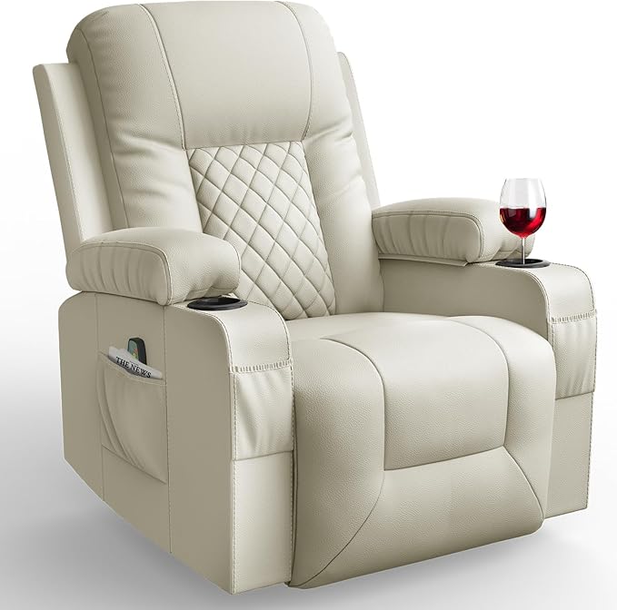 Recliner Chairs for Adults, Massage Rocker with Heated Modern Ergonomic Lounge 360 Degree Swivel Single Sofa Seat Living Room Lounge Recliners Ivory White-Ruum Studio Home