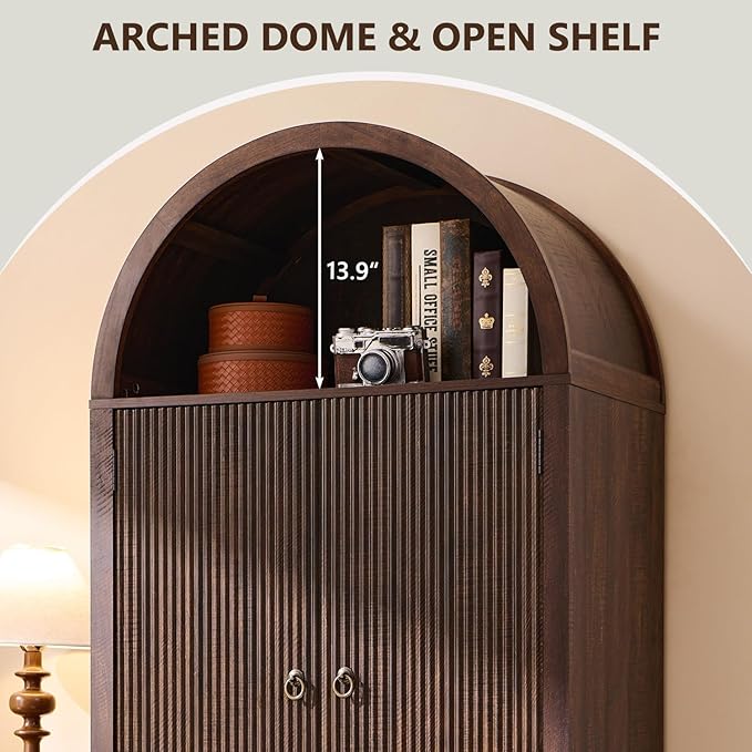 71" Tall Arched Bathroom Storage Cabinet, Modern Fluted Storage Cabinet w/Doors, 3 Adjustable Shelves, 6 Door Shelves, Wood Freestanding Cabinet for Bathroom, Entryway, Hallway, Brown-Ruum Studio Home