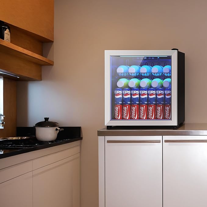 1.77 Cu.Ft Beverage Fridge, Mini Fridge With Glass Door, Beverage Cooler Refrigerator, Wine Drink Beer Fridge, Adjustable Shelves & Digital Temperature Display, 16 Bottle 68 Can, Silver-Ruum Studio Home