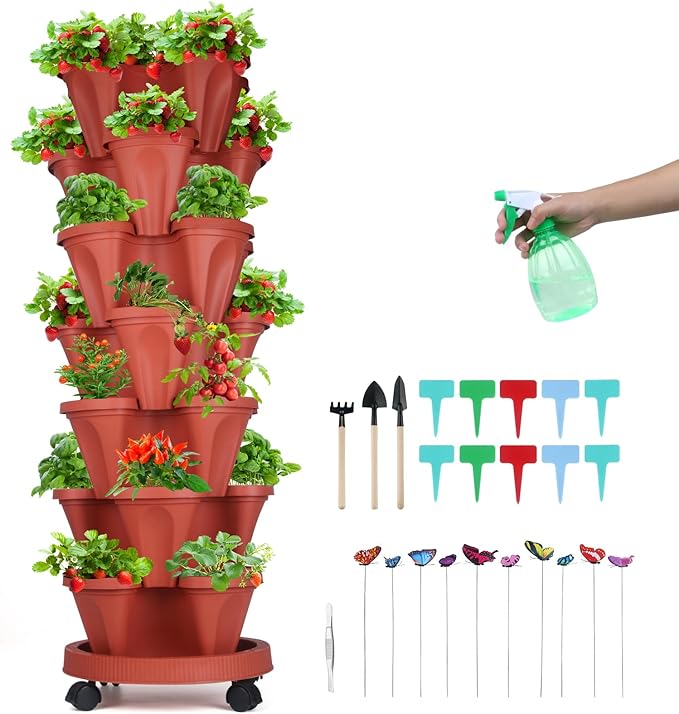 Vertical Planter, 7 Tier Stackable Strawberry Planter with Garden Tool Set, Movable Indoor/Outdoor Garden Herb Pot for Growing Vegetables and Succulents, Red-Ruum Studio Home