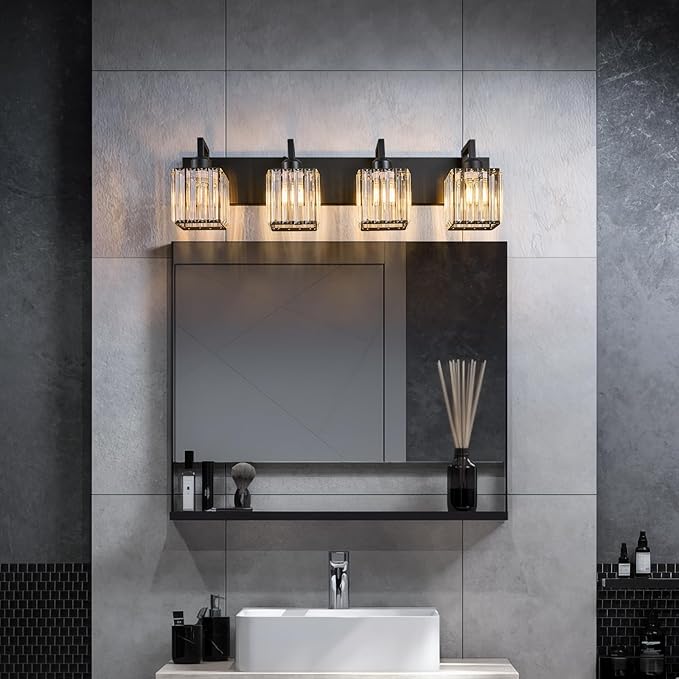Modern Crystal Bathroom Vanity Light 4-Lights Black Modern Crystal Wall Lamp Bathroom Modern Crystal Vanity Lighting-Ruum Studio Home