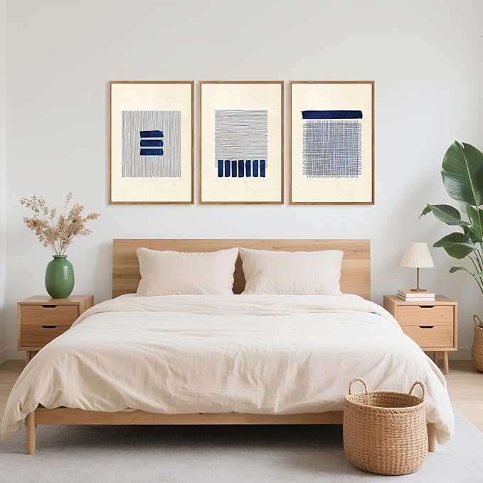 Aurlan Boho Christian Line Art Framed Wall Decor(16"x24"), 3PCS Minimalist Jesus Leavs the 99 Sheep Lamb Bible Story Canvas Artwork, Neutral Abstract Beige Navy Blue Religious Painting for Bedroom Living Room-Ruum Studio Home