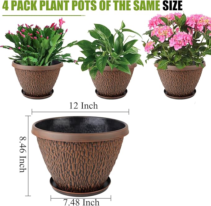 4 Pack 12 Inch Pots for Plants, Plastic Outdoor Flower Pots with Drainage Hole & Tray, Large Planters for Garden Porch Home Indoor Outdoor Decor - Pebbles Pattern Design Plant Pots-Ruum Studio Home