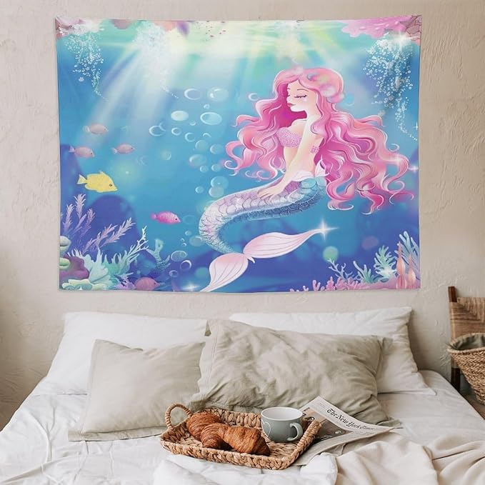 HZOHNAGO Mermaid Girls Tapestry Watercolor Mermaid Princess Pink Hair Pattern for Kids Room Decoration Printed Wall Tapestry Wall Hanging for Bedroom Living Room Dorm 80" W x 60" H-Ruum Studio Home