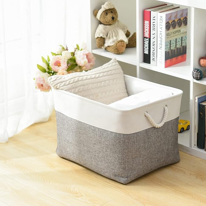 TheWarmHome Storage Bins Baskets for Organizing, 20.5L×15.7W×13.8H 3 Pack Sturdy Fabric Storage Basket W/Handles, Decorative Foldable Storage Baskets for Shelves Closet Nursery Toy (White & Grey)-Ruum Studio Home