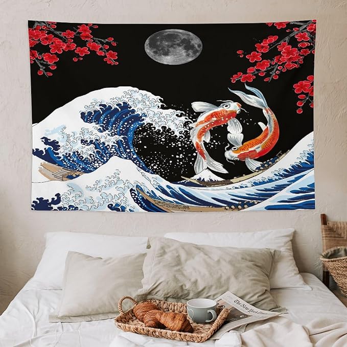 Houselerax Japanese Koi Fish Tapestry, Yin Yang Big Wave Red Cherry Blossom Tapestries Wall Hanging for Bedroom Living Room Office Decor 60"x40"-Ruum Studio Home
